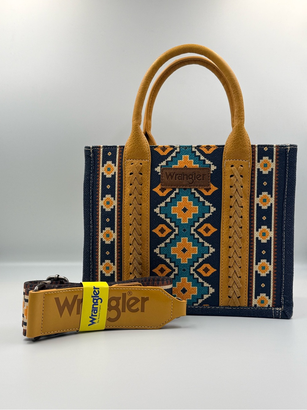 Wrangler Navy, Teal & Mustard Aztec Tote with Leather Handles